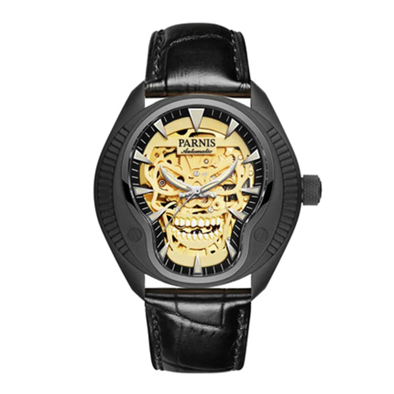 Stylish Black Leather Belt - Gold Skull Skeleton Dial Watch