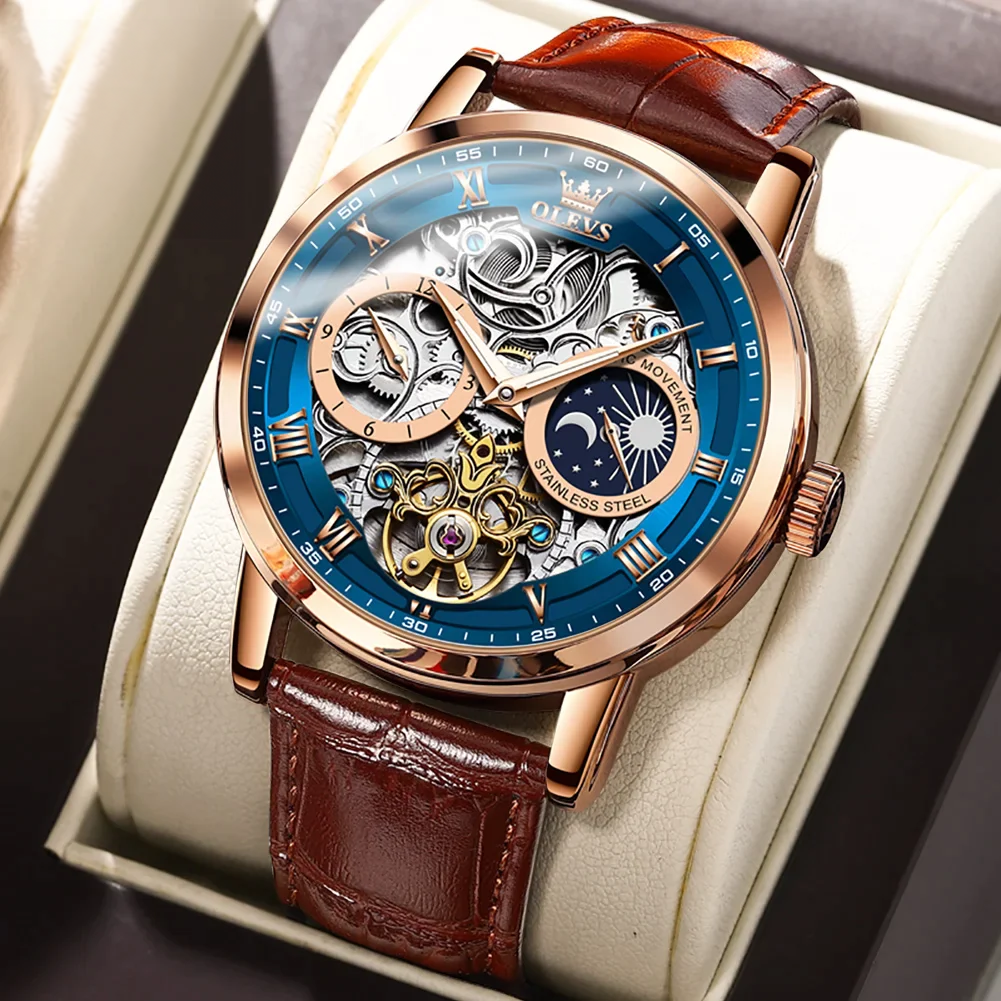 rose blue - men's hollowed out mechanical moon phase watch
